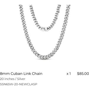 8mm Silver Cuban Link Chain, 20” - BRAND NEW